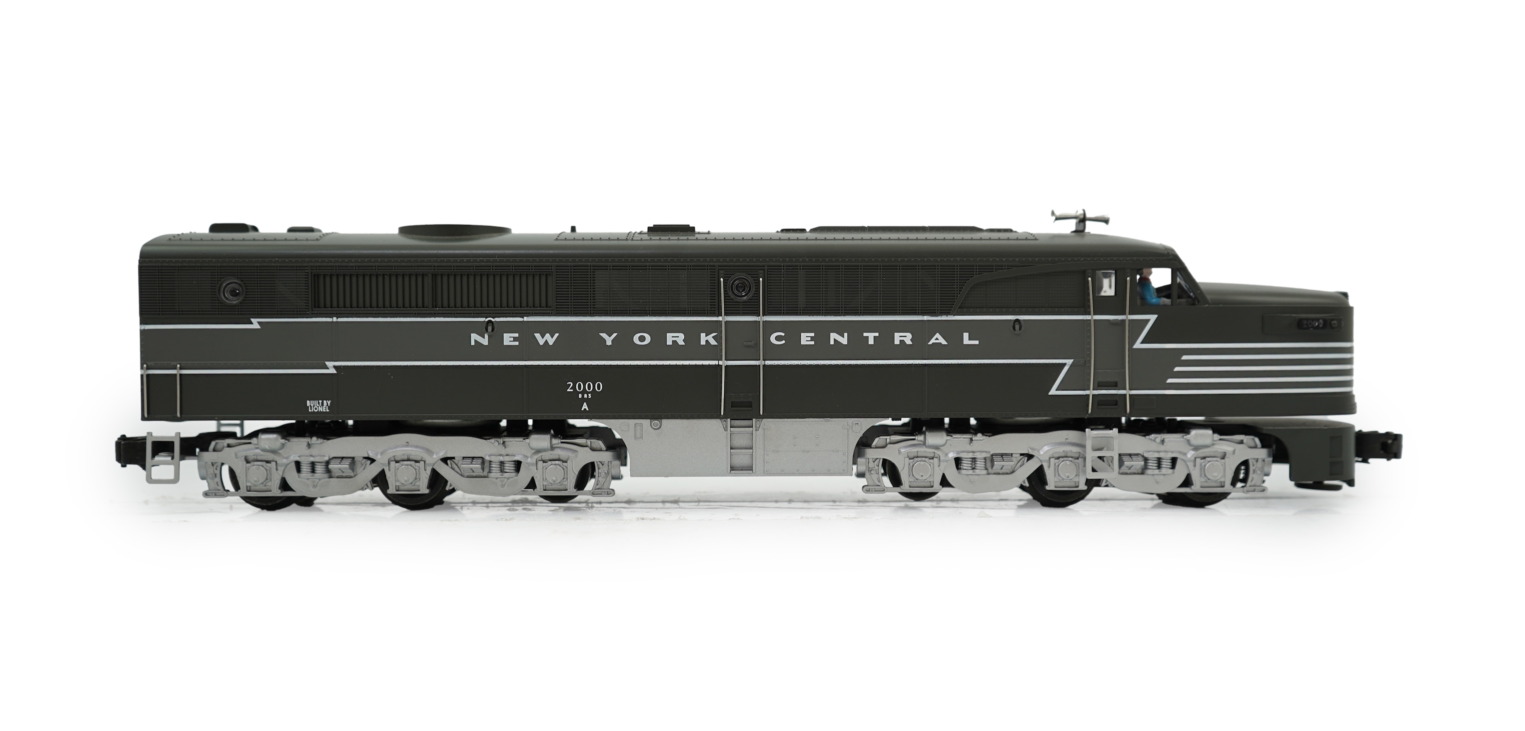 An 0 Gauge Lionel model of Alco PA-1 New York Central 2000, A1A-A1A diesel locomotive, powered for free rail operation, with owner’s manual.